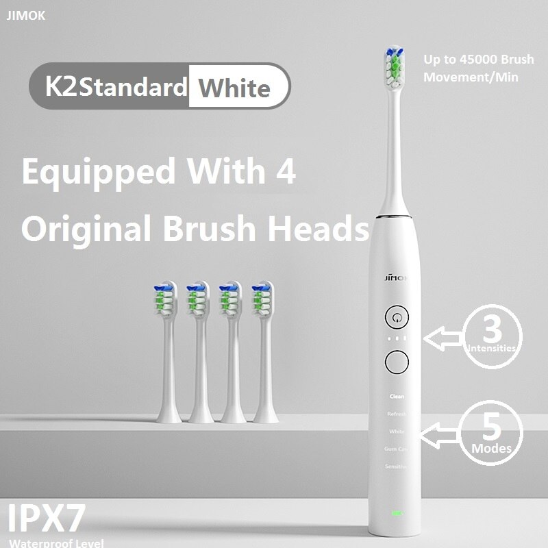 Jimok sônica escova de dentes elétrica, escova de dentes ultra sônica, recarregável, limpador de dentes elétrico adulto (k2): K2-4-White