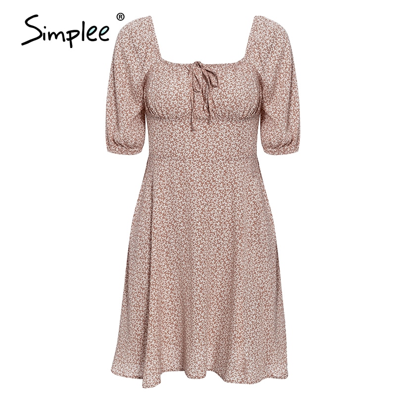 Simplee firkantet krave sommer chiffon kjoler afslappet strand kvinder vintage flæser boho kjole robe femme kjoler vestidos: L