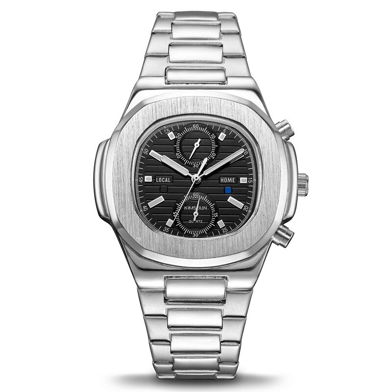 Rustfrit stål sportsur vandtæt kronograf firkantet kvarts armbåndsur: Sølv-sort