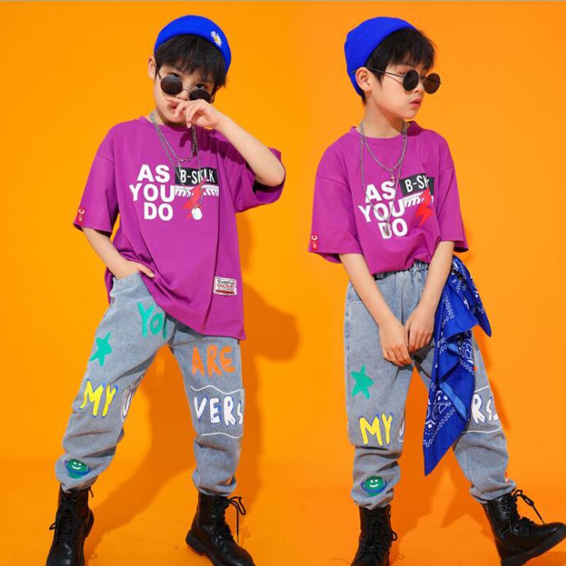 Barn hip hop dans kläder festival outfits lös t-shirt toppar jeans byxor pojke flickor jazz dans kostym kläder street wear