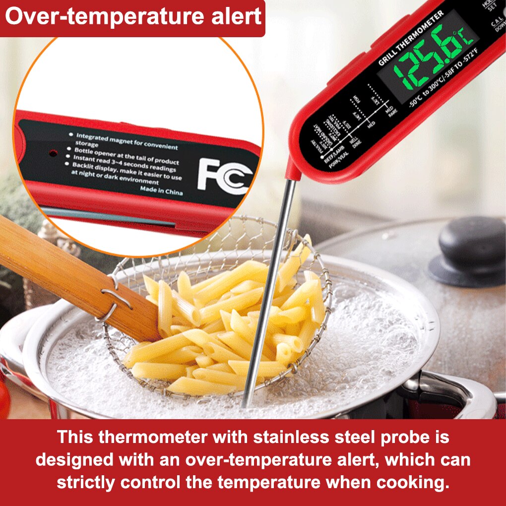 Food Thermometer Stainless Steel Probe LCD Digital Instant Read High Accuracy Fodable Over-temperature Clock Temperature Guage