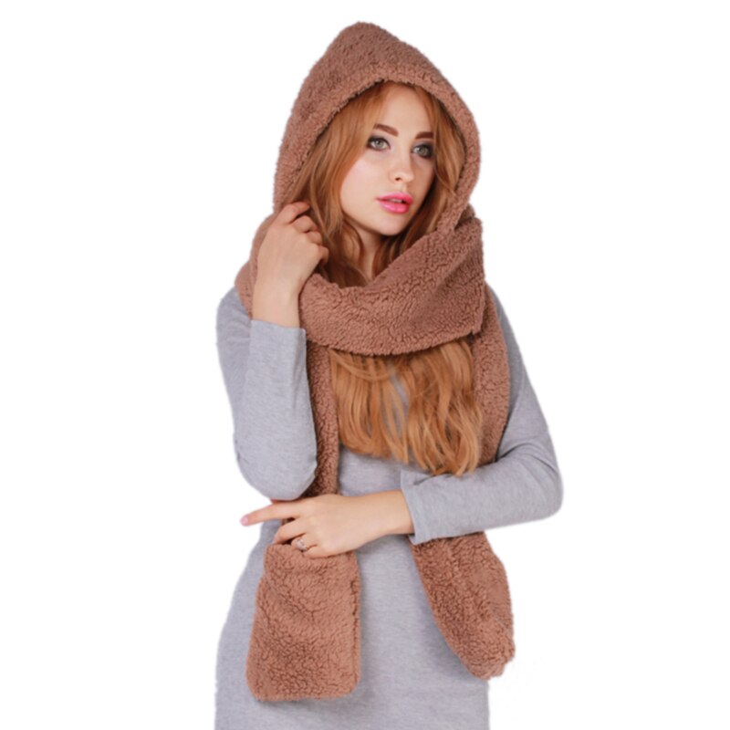 3 en 1 femmes hiver doux capuche écharpe Snood poche chapeaux gants à capuche Srarves écharpe chapeau gant 3 pièces ensembles