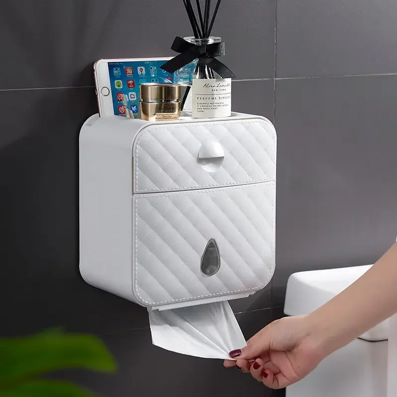 Toilet Roll Holder Waterproof Paper Towel Holder Wall Mounted Wc Roll Paper Stand Case Tube Storage Box Bathroom Accessories: WHITE