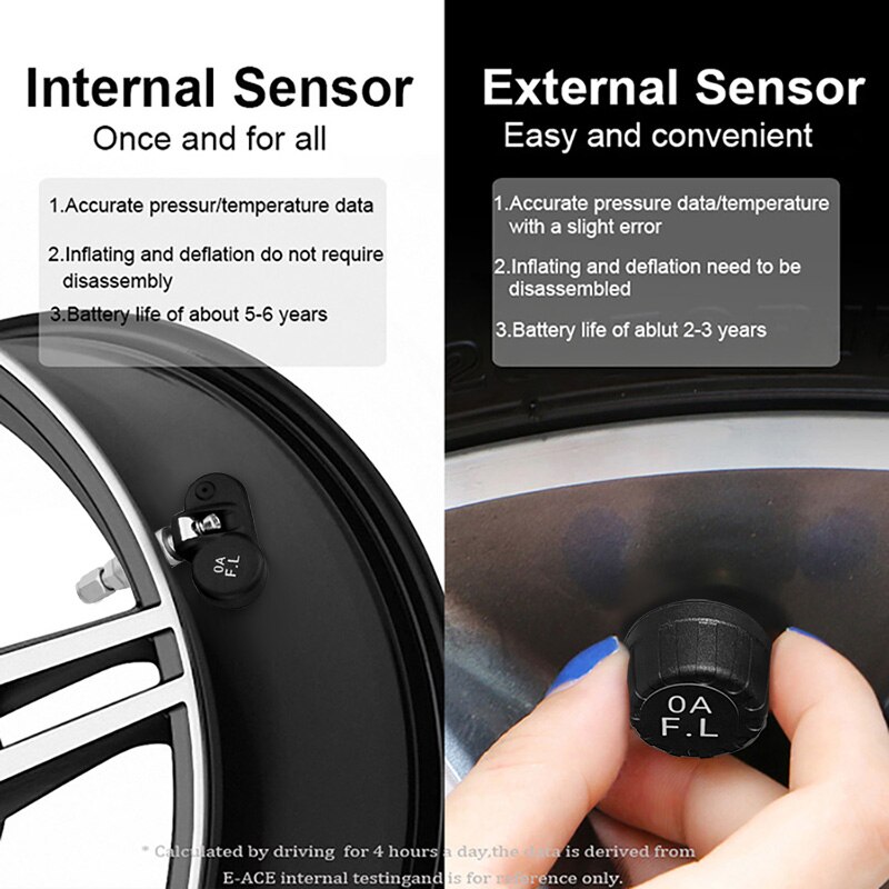 E-ace solenergi smart bil tpms dæktryksovervågningssystem digitalt display autosikkerhedsalarmsystemer dæktryk