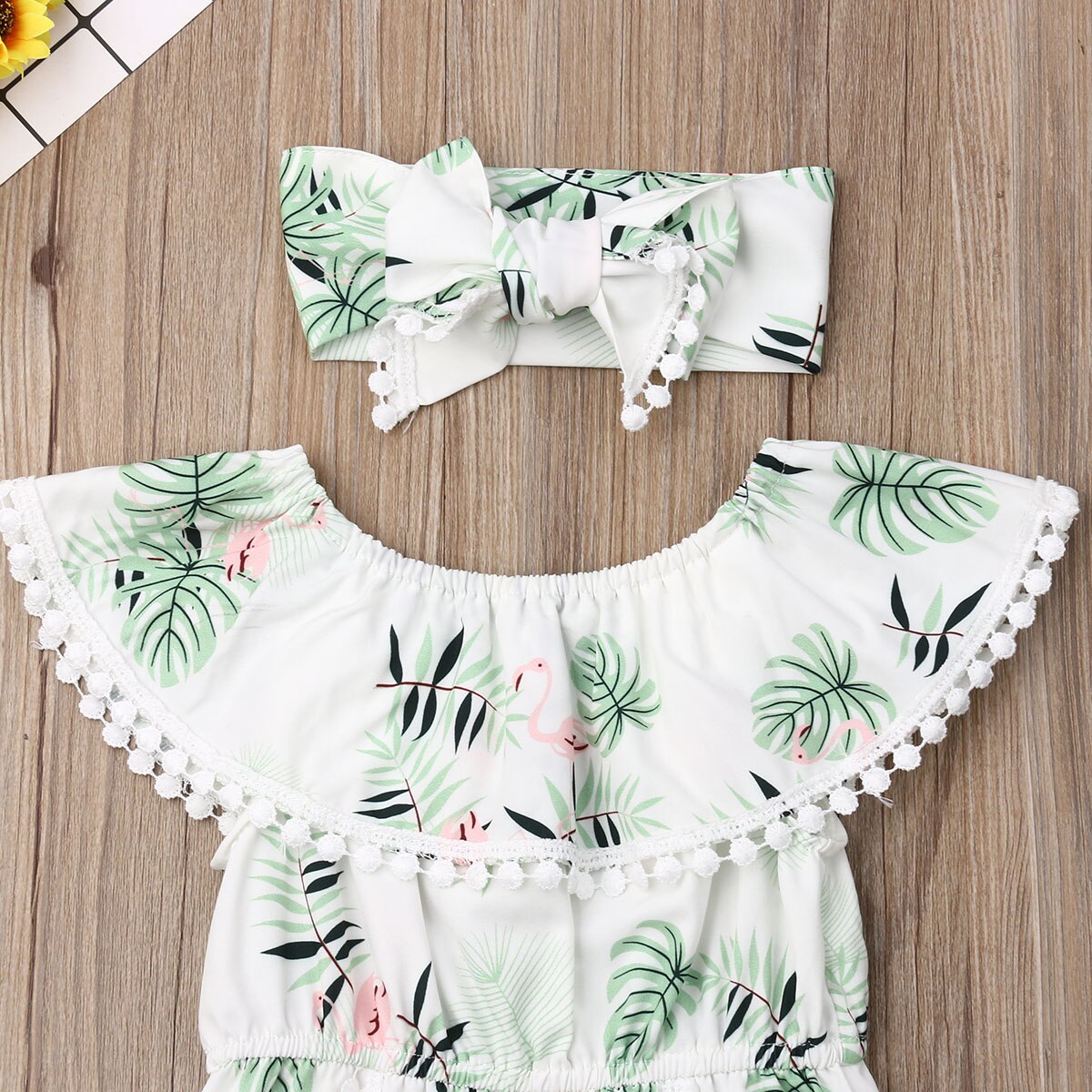 Lovely Newborn Baby Girl Boys Flamingo Bodysuits Headband Clothes Ruffle Sleeve Tassel Jumpsuit Summer Outfit