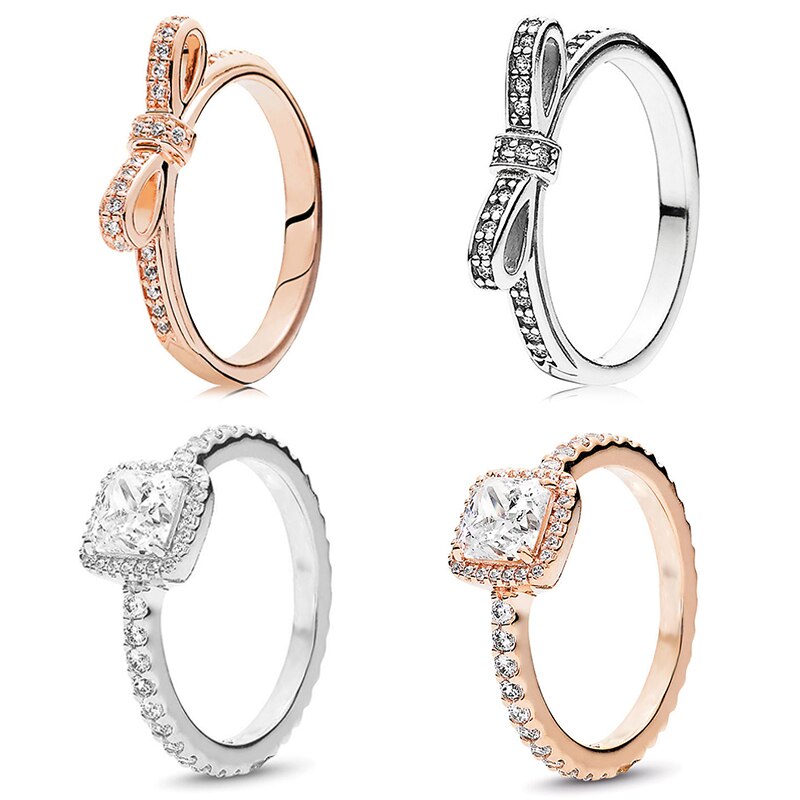 Rose Gold Color Ring Sparkling Bow Knot Stackable Fine Ring Micro Pave Clear CZ for Women Wife Couple Jewelry