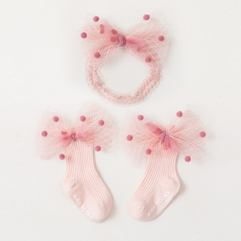 Baby Meisje Hoofdband Sokken Set Kant Grote Bows Pasgeboren Sok Elastische Baby Haarband Peuter Meisje Hoofddeksels Baby Haar Accessoires 2 stuks: Pink / M for 18-36months