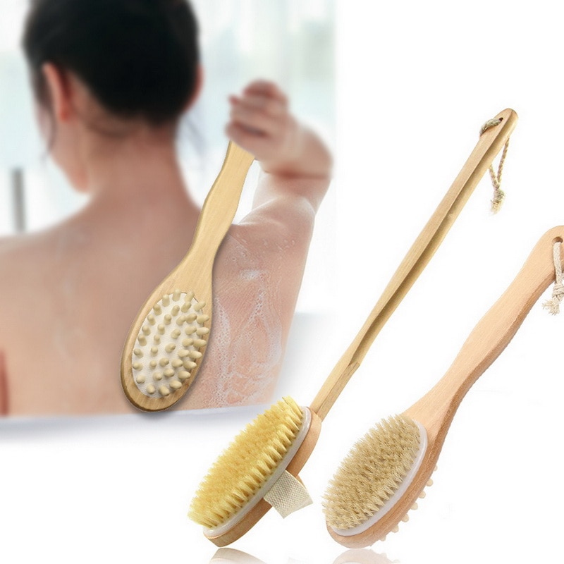 Doucheborstel badscrub met lange houten steel voor het wassen, scrubben, exfoliëren en cellulitis voetscrub