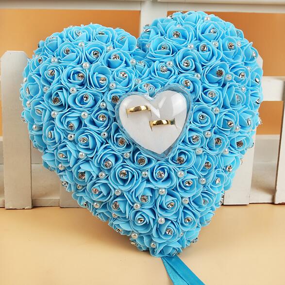 Rose Wedding Ring Kussen met Ring Box Trouwring Houder Toonder Doos Hartvorm Rhinestione Voor Bruiloft Decoratie: blue