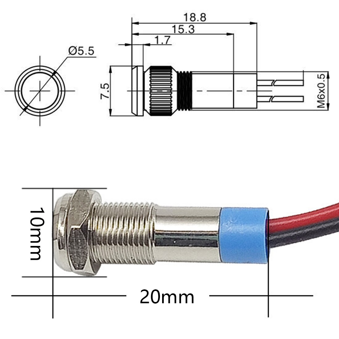 1Pc 6mm LED Metal Indicator Light Waterproof Signal Lamp 6V 12V 24V 220v with Wire Red Yellow Blue Green White
