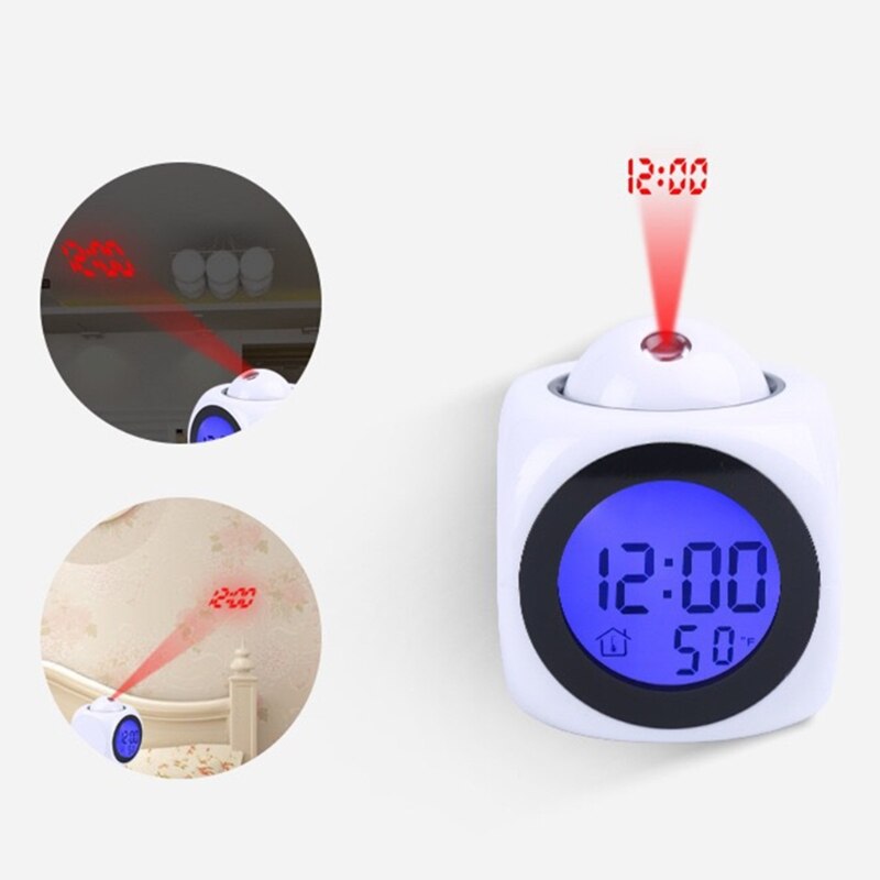 Digital Alarm Clock Wall Projection with Snooze Function LCD Screen Thermometer ℃/℉ Time Voice Alarm LED Backlight