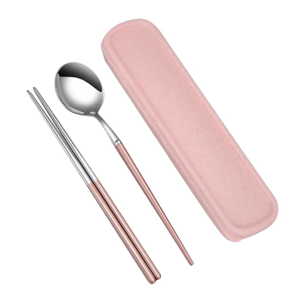 Flatware Set Stainless Steel Reusable Utensils Spoon Chopsticks Storage Case Kit for Camping Picnic Travel: Pink