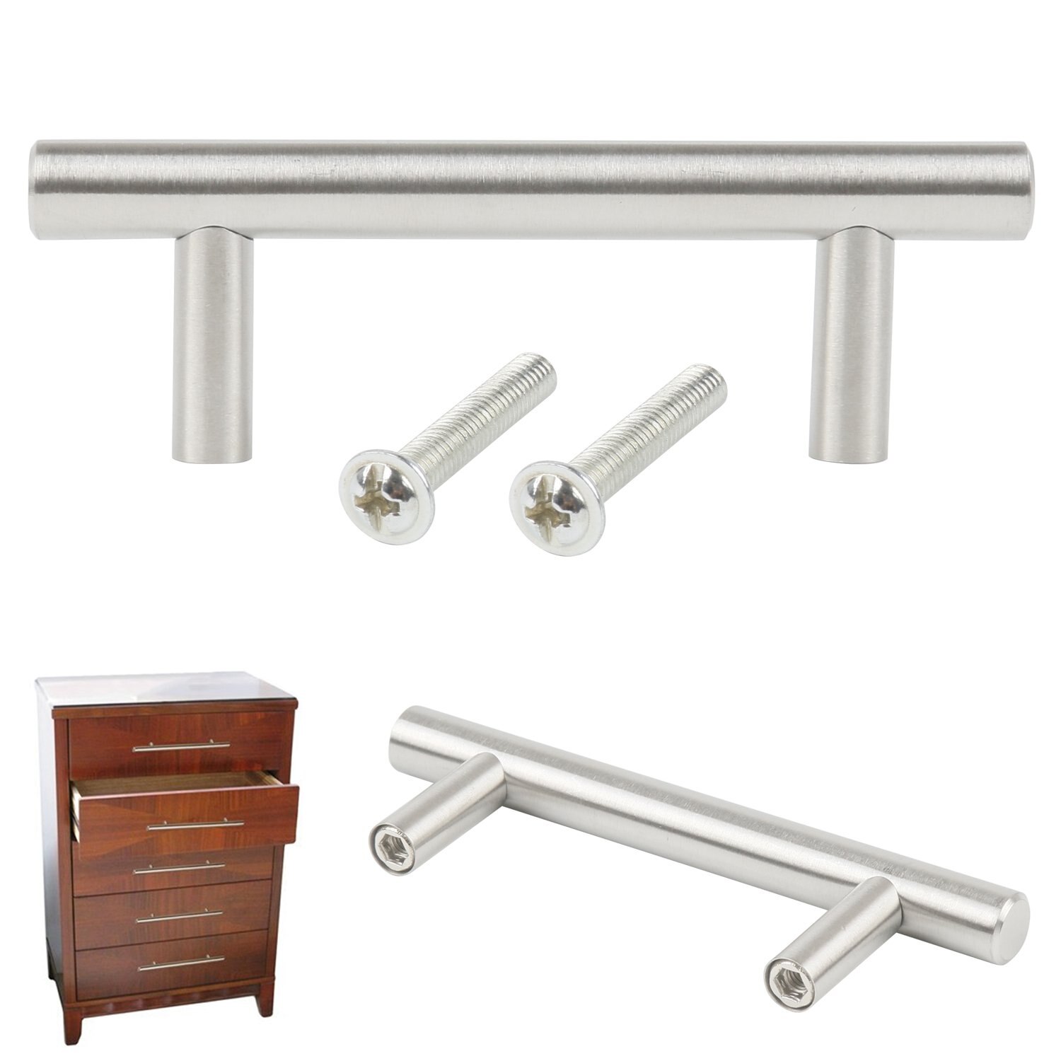 Pack With 20 Furniture / Cabinet / Drawer Handles Made Of Stainless Steel, Total Width 100Mm, T-Handle Center 64Mm