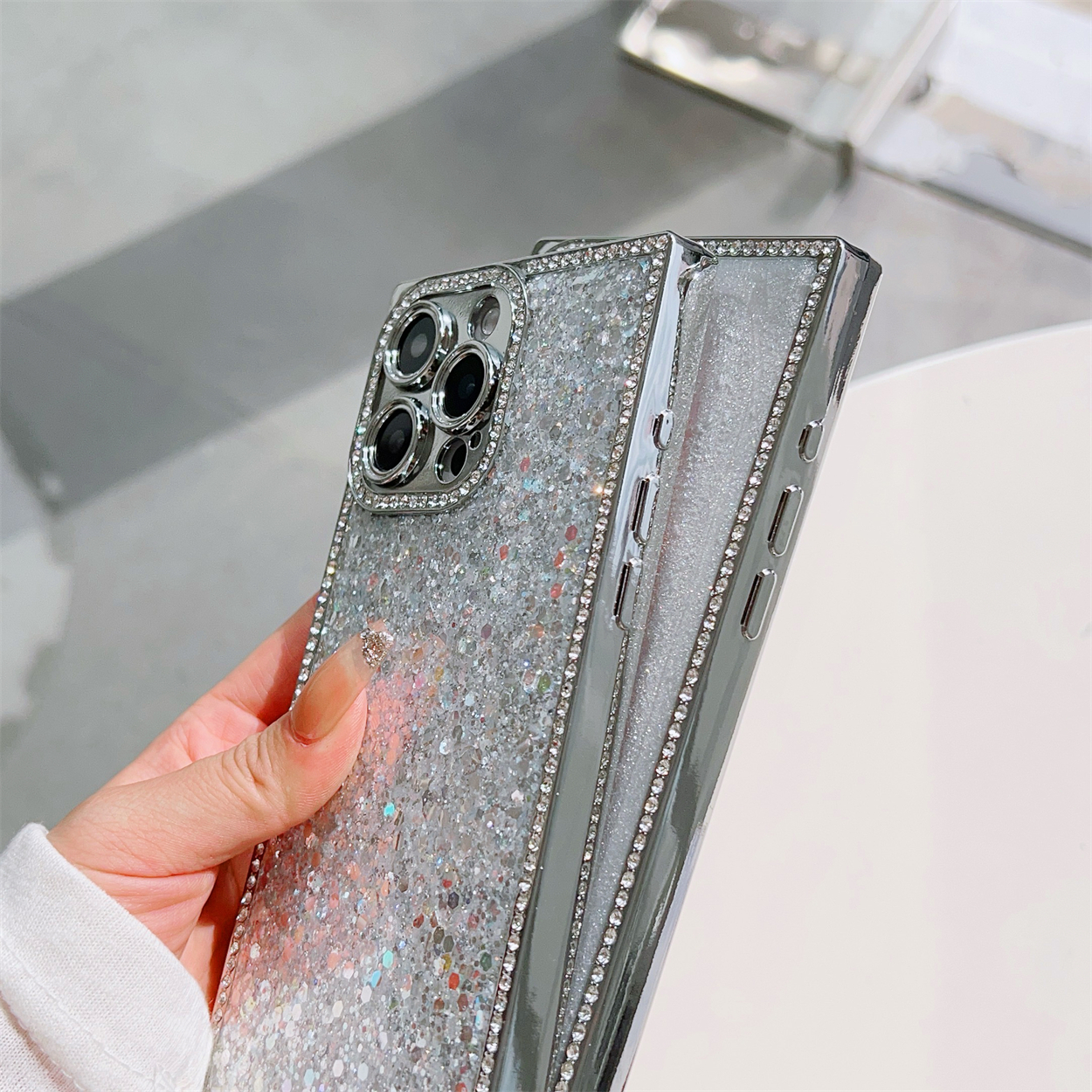 Funda de teléfono negra y dorada con purpurina chapada en joyas a prueba de golpes para iPhone 16 15 14 13 Pro Max Plus Funda cuadrada Coques Funda