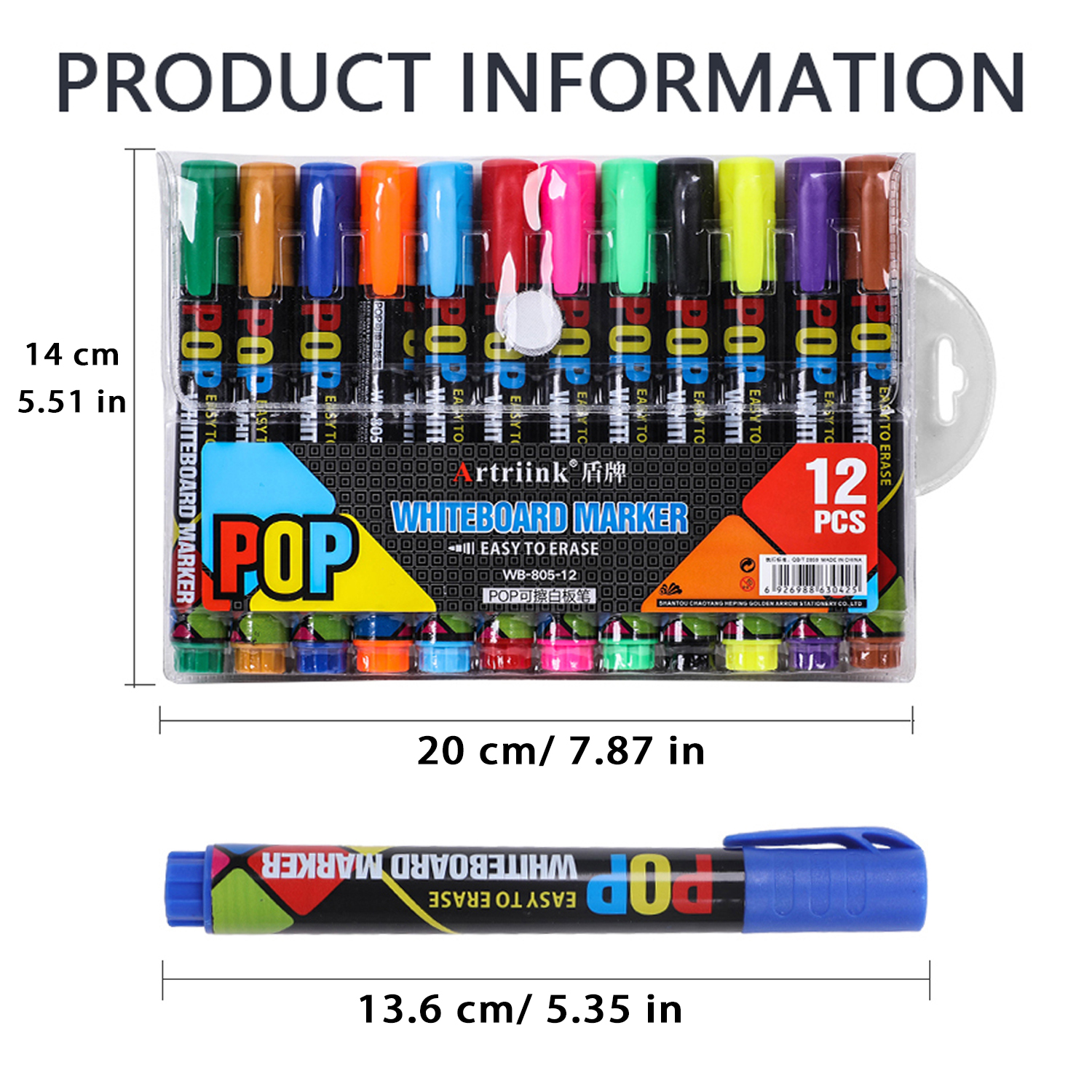 Dry Erase Markers For Whiteboards, Chisel Tip, Low-Odor, Assorted Colors, Pack of 12