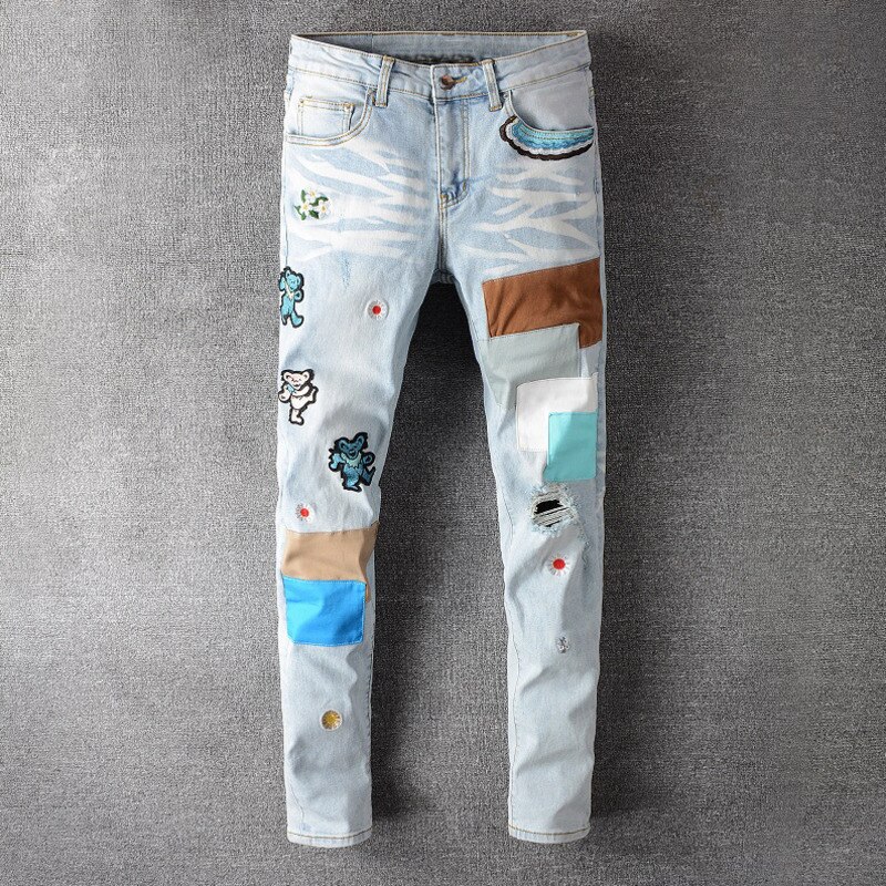 Mens Summer Jeans Men's Bear Embroidery Patchwork Hip Hop Light Blue Jeans Streetwear Holes Ripped Stretch Denim Skinny Jeans: Blue / 40