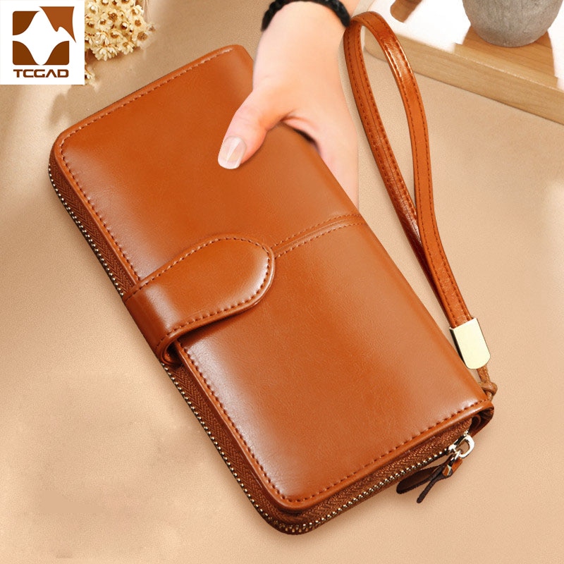 Frauen brieftasche Top Wachs öl haut material lange geldbörse zipper clutch bag armband haspe telefon brieftasche frauen brieftaschen und geldbörsen