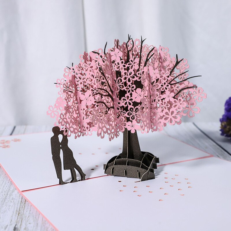 Handmade Cherry Blossom Card Pop Up 3D Card Romantic Love Letter Greeting Anniversary Wedding Valentine Birthday Card: 01 / 5PCS