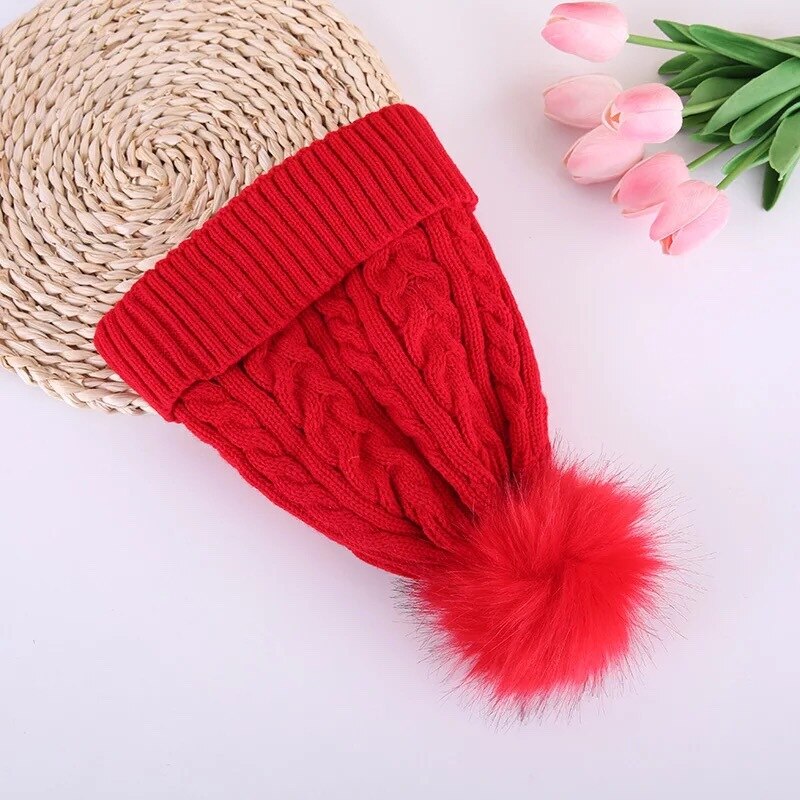 Tyk varme damer pom pom hatte beanie vinter hatte til kvinder strikket hat kvindelig pompon hat med pompon: Rød