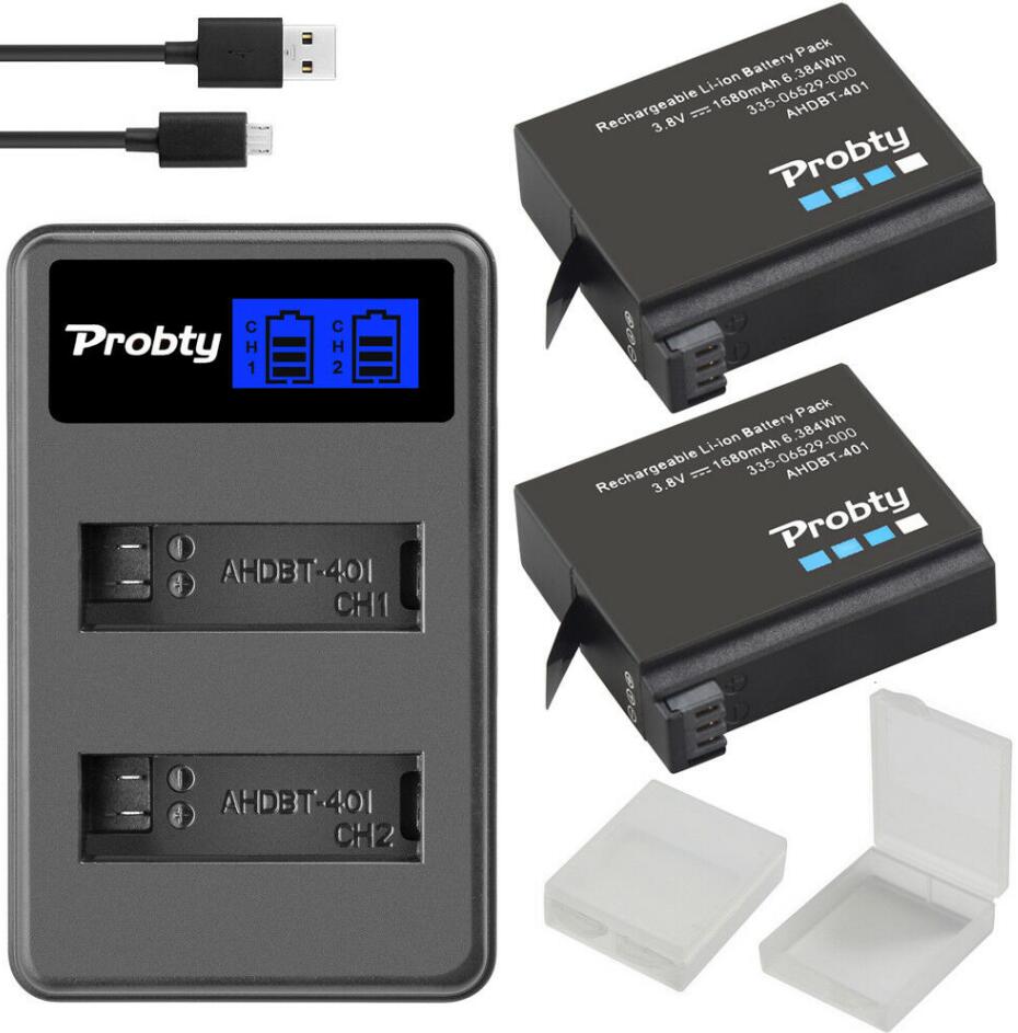 Probty-batería Original para GoPro Hero4 Hero 4 + cargador dual LCD para go pro AHDBT-401 HERO4, Cámara de Acción accesorio para, color negro y plateado: 2battery withcharger