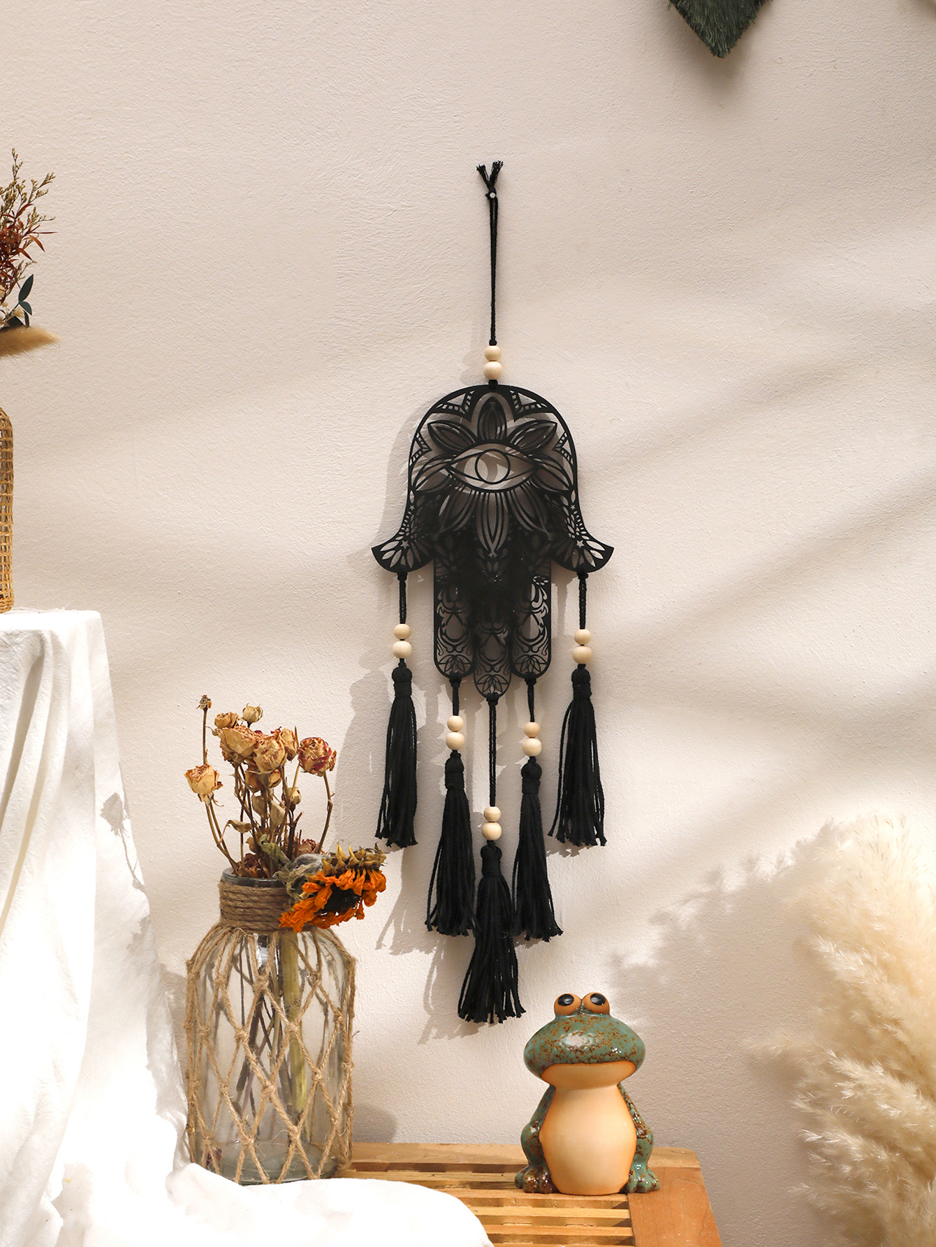 Houten wanddecoratie muurhangende Hamsa Hand Evil Eye Home Decor Macrame hangende decor Boho Home Decoration Macrame Room Ornament