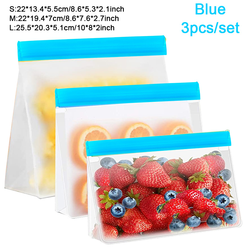 3 Sizes Reusable Stand Up Food Storage Bag Set Leakproof Freezer Food Sealing Bag Kitchen Organizer Fresh Shut Bags BPA Free: 3Pcs-Blue