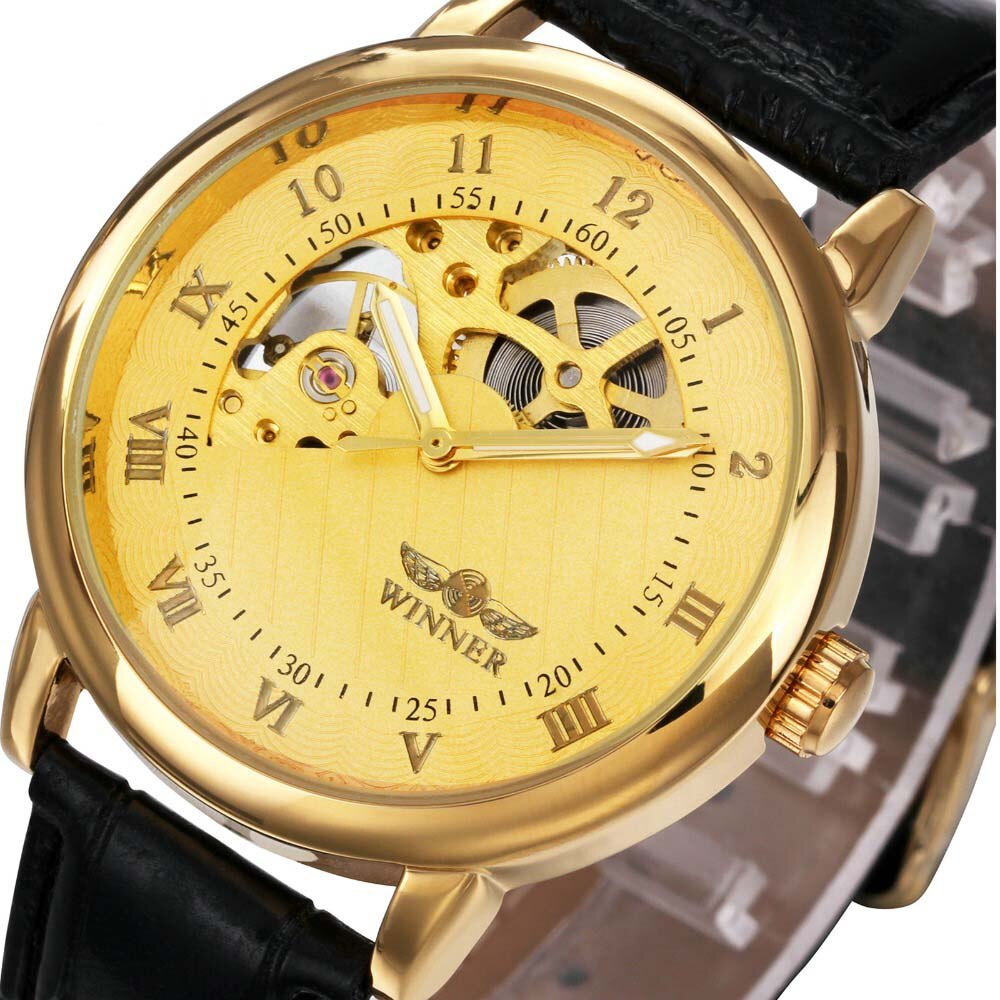 Luxe Gold Mechanical Hand Wind Horloges Mannen Lederen Band Mechanische Horloges Mannen Goedkope Prijs Montre Homme