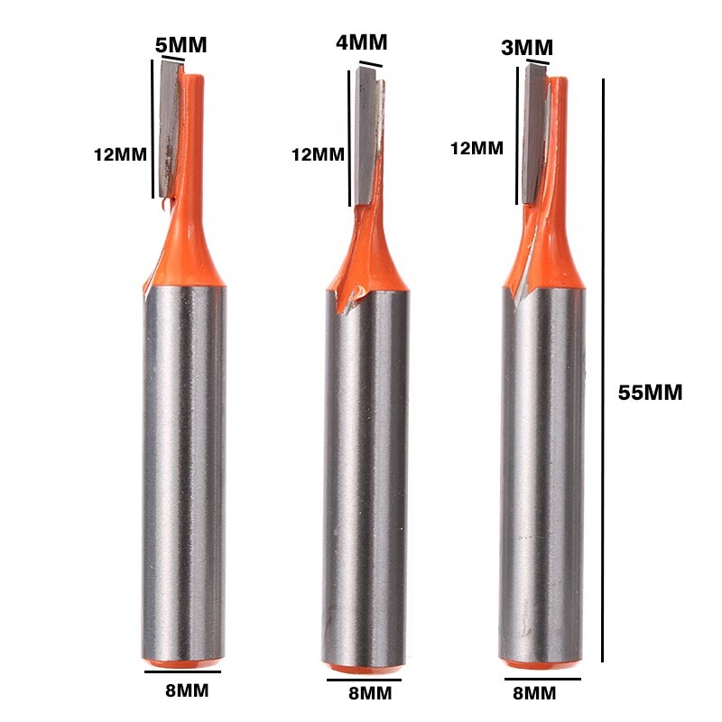 3pcs 8mm Shank Straight Cutter Router Bit 3mm 4mm 5mm Slot Diameter Woodworking Groove Cutting Router Bits Tool