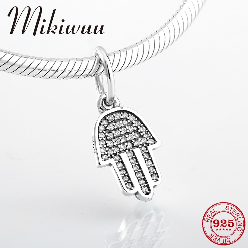925 Sterling Silver Hand of Fatima With Shiny crystal zircon Pendant Fit Original Mikiwuu Charm Bracelet Jewelry making