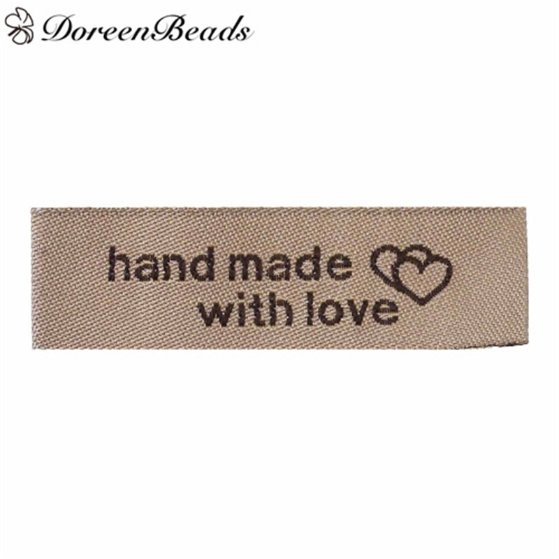 DoreenBeads Textiel Binnenwerk Geweven Gedrukte Etiketten DIY Scrapbooking Craft Rechthoek Licht Koffie Hart Patroon hand gemaakt met liefde 50 stks