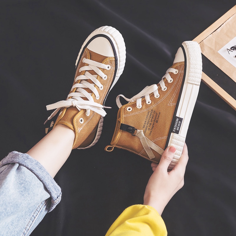 Vrouwen Canvas Schoenen Lente Meisje Casual Schoenen Platte Hak Hoge Top Rits Effen Kleur Sneakers Studenten kaki
