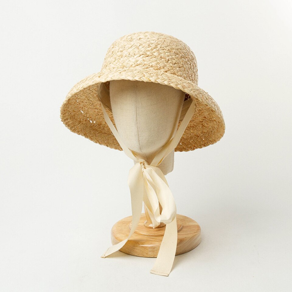 Hand-made Raffia Straw Hat For Kids Retro Flat Top Fold Down Brim Children's straw hat Boys Girls Travel Vacation Raffia Sun Hat: F0205-2