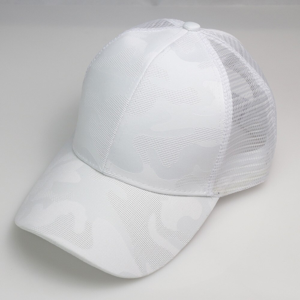 Dames roze baseballpet met camouflagepatroon, rommelige hoge knot, paardenstaart, mesh truckerpet, verstelbaar: Wit