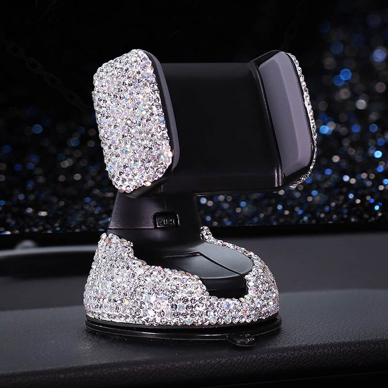 Crystal Rhinestones 360 Degree Car Phone Holder for Car Dashboard Auto Windows and Air Vent Universal Car Mobile Phone Holder: white