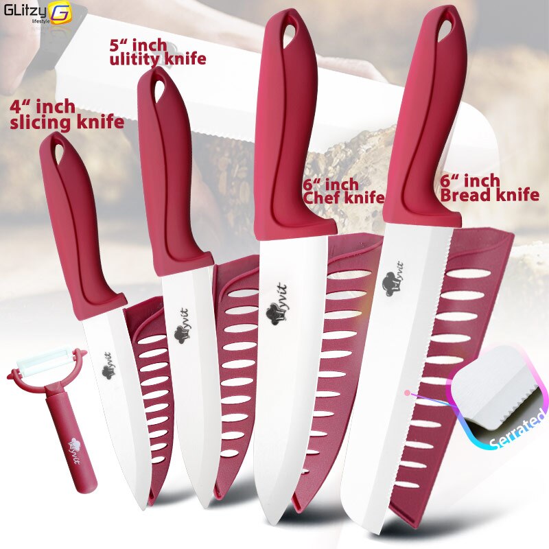 Ceramic Knife 3 4 5 6 inch Knives Kitchen Set White Blade Chef Utility Paring Vegetable Slicing Ceramic Knives With Peeler Set: 456BB RED