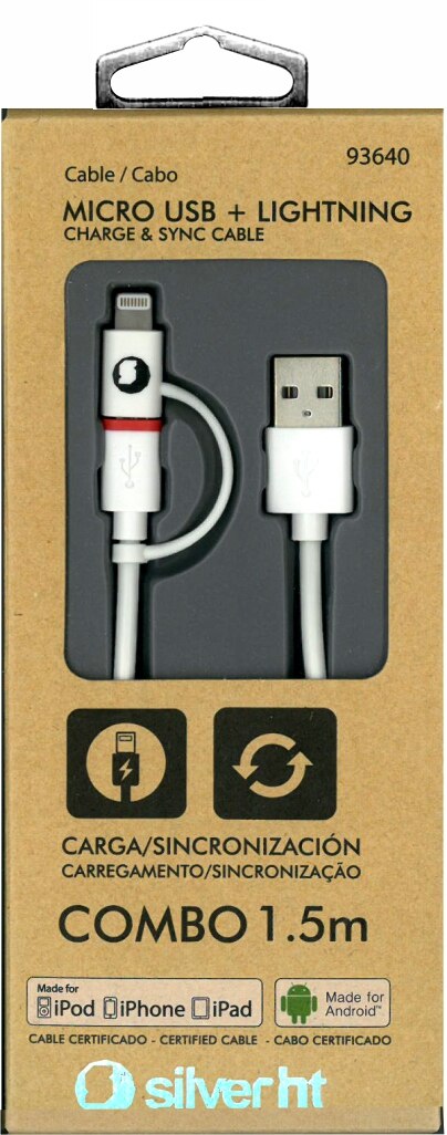 Zilveren Ht 93640 Mfi Combo Kabel Met Micro Usb En 1.5M Lightning, Witte Kleur