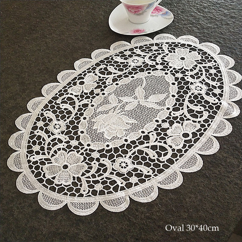 Napperon de table en dentelle ovale brodée Europe, tapis de table en tissu, sous-verre, napperon de pizza, décoration de mariage et de noël: white 2