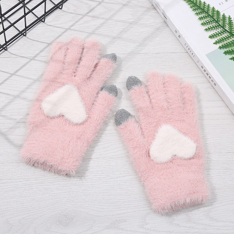 Vrouwen Roze Handschoenen Fluffy Pluche Handschoenen Winter Volledige Finger Handschoenen Liefde Hart Dikke Wanten Meisjes Warm Touchscreen Handschoen: pink
