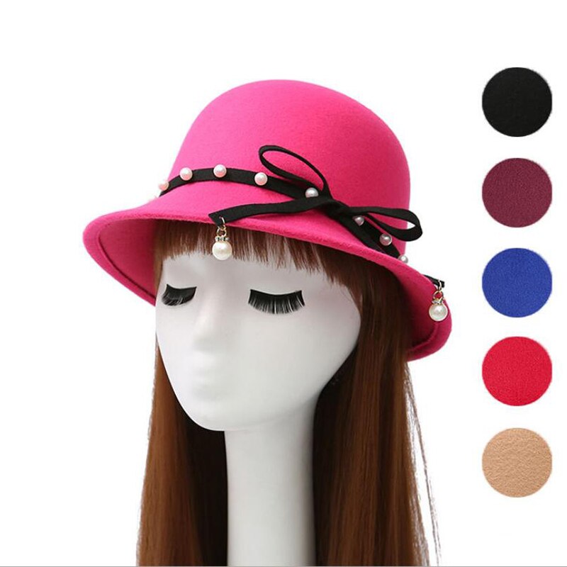 Mode Australische Wollen Fedora Hoed Strik Parel Hanger Noble Bowler Hoeden Voor Vrouwen Wide Brim Formele Kerk Cloche Hoed