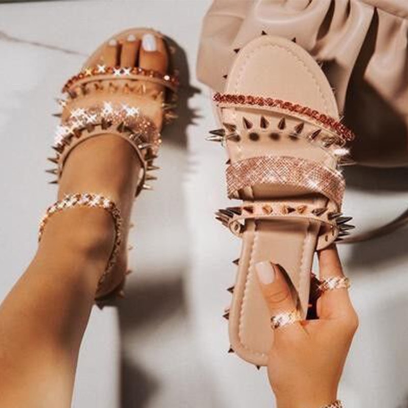 Tøfler damenagle leiligheter lysbilder rhinestone bling dame krystall sandaler sko sommer kvinne Plus str.