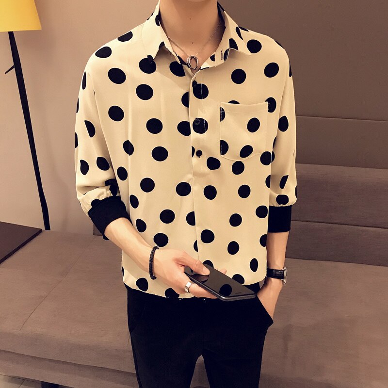 Summer Dress Shirt Men Slim Dot Print Sleeves Casual Shirt Man Streetwear British Wind Loose Short-sleeved Shirt