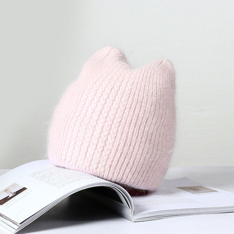 Bonnet en fourrure de lapin pour femmes, couleur unie, oreilles de chat, doux, à la , pour l&#39;extérieur, garde au , hiver: Pink