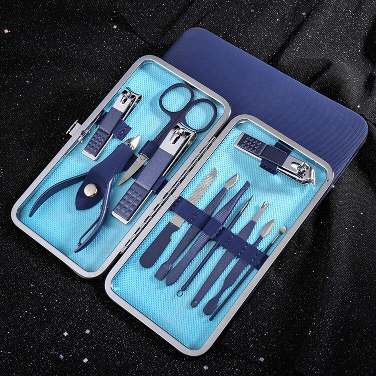 Pink Stainless Steel Nail Clipper Set 7-piece Pedicure Knife Beauty Tweezers Nail Manicure Set Nail Tools Toe Nail Clippers: blue 12 pcs set