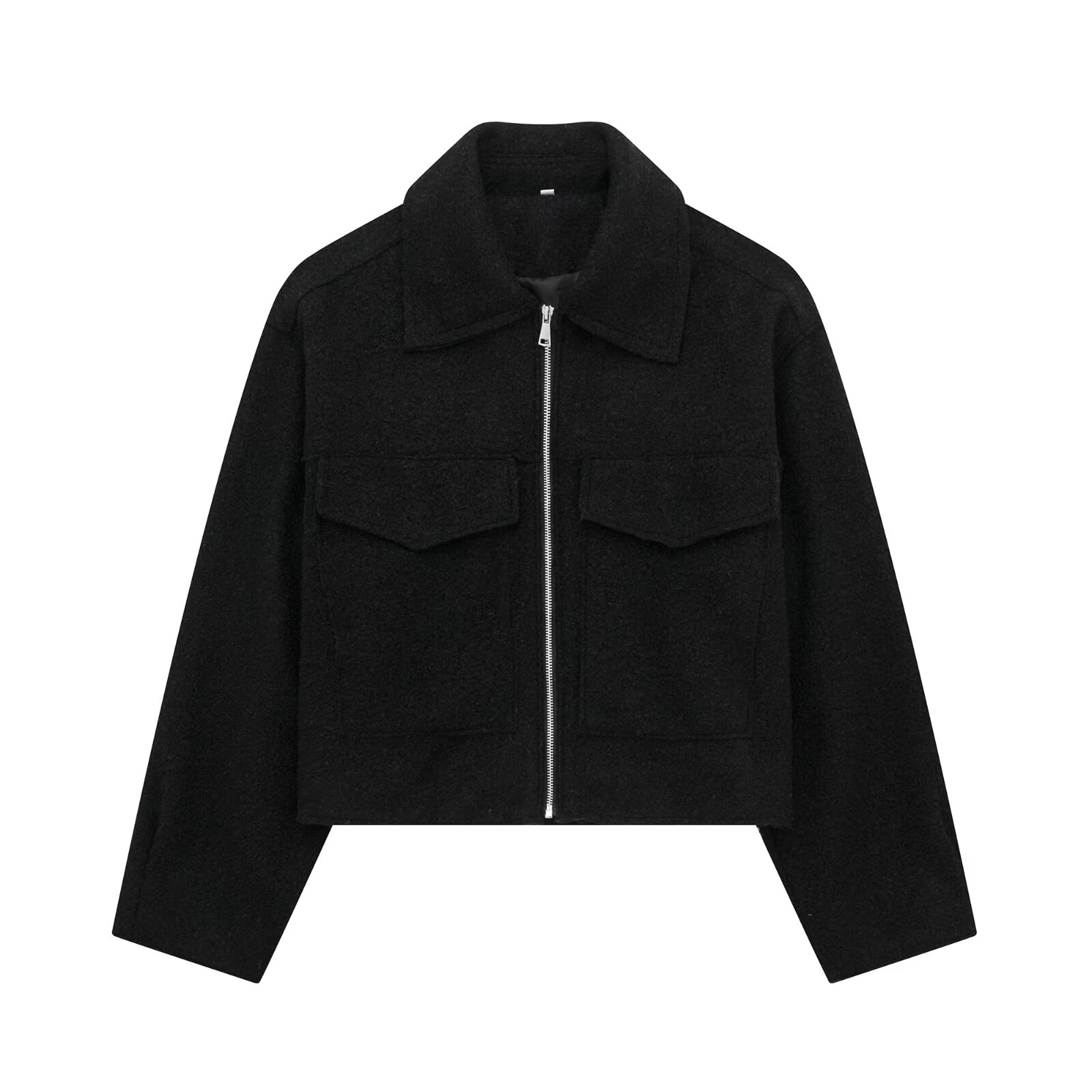 TRAFZA Jacke Für Frauen Herbst Solide Langarm Revers Mantel Vorderseite Tasche Reißverschluss Bomber Jacken Weibliche 2024 Streetwear: L / Schwarz