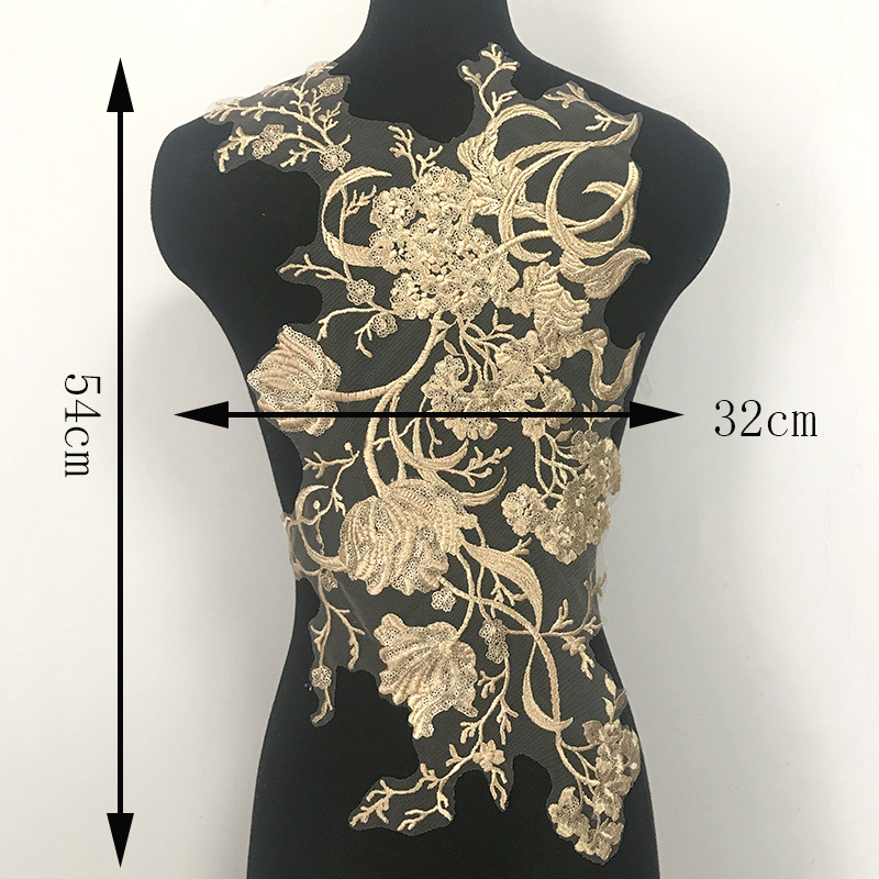 Parches de encaje bordado dorado de 54cm x 32cm, apliques de tela para vestido, parche para ropa, pegatinas, camiseta, decoración Diy