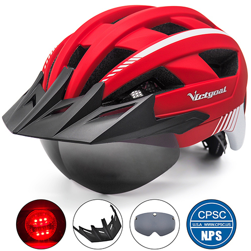 VICTGOAL LED Fietshelm met Zonneklep Goggle voor Mannen Vrouwen Scooter MTB Road Fietshelmen Verstelbare Fiets Veiligheidskappen: M / Bordeaux