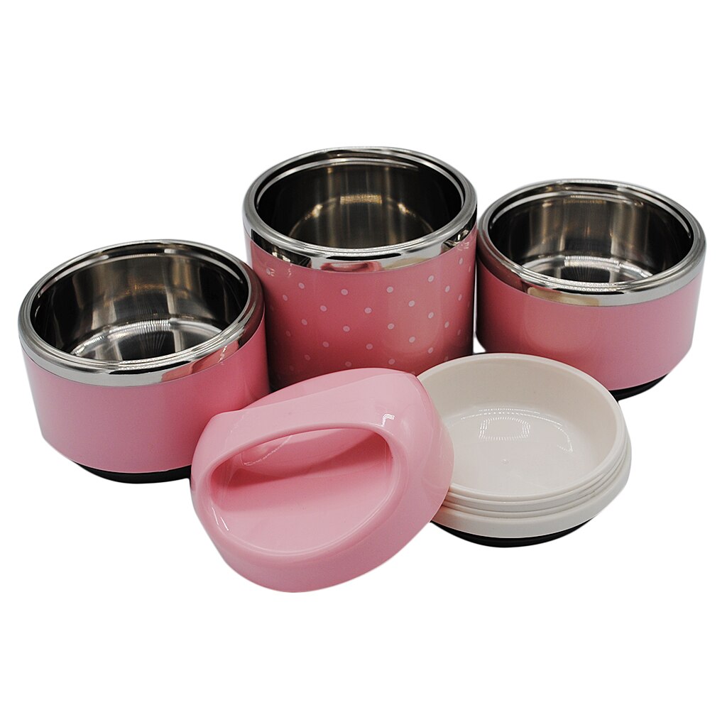 Stainless Steel Thermal Insulated Lunch Box Bento Food Container: 3 Tier Pink