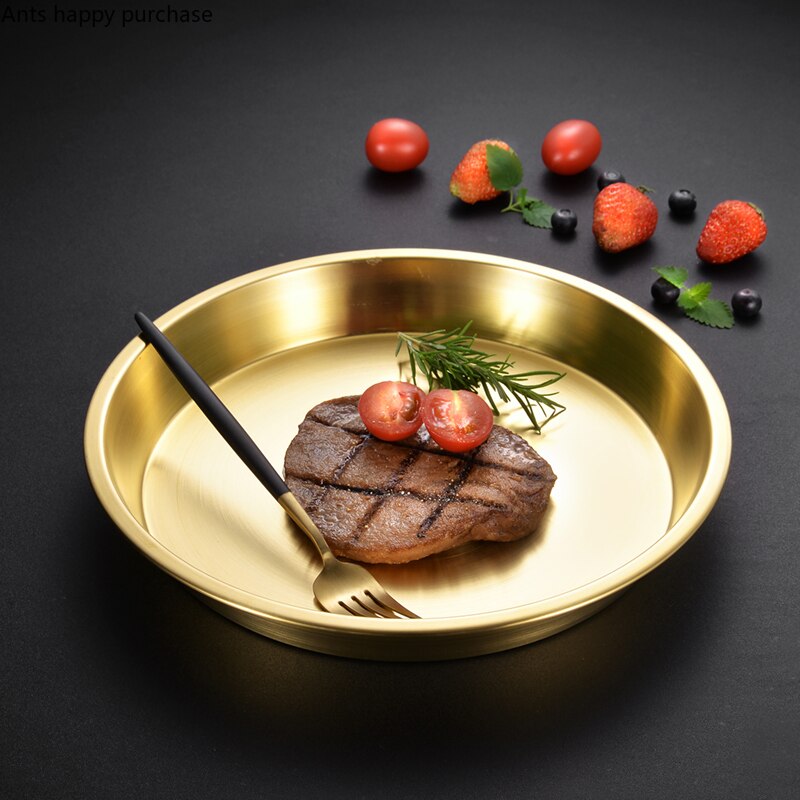 Thicken Brass Round Plate Cake Dessert Metal Plate Fruit Dish Home Steamed Fish Yellow Bronze Kitchen Supplies Dinner Plates