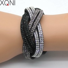 XQNI, pulsera clásica de piel para mujer, brazalete de 18cm de gran con diamantes de imitación envueltas, dije de cristal, pulsera de mujer, joyería