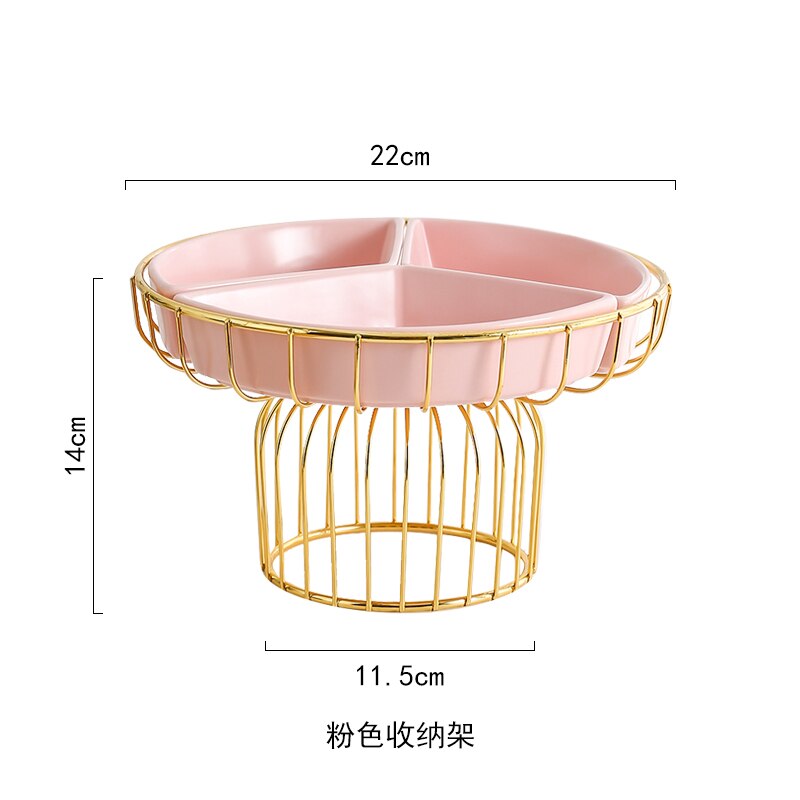 Prato de frutas de cerâmica com pés altos, cesta de frutas de ferro com três grades, prato de doces para casa, bandeja de lanche, decoração, utensílios de mesa: pink